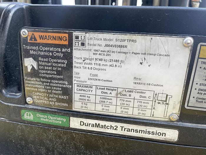 Used 12,000 POUND HYSTER S120FTPRS FORKLIFT WITH PAPER ROLL CLAMP MFG. 2017- PENDING SALE NF