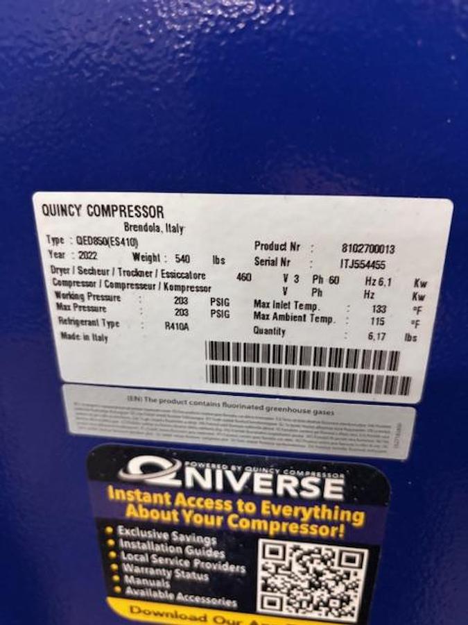 Used QUINCY TYPE QED850 (ES410) AIR DRYER MANUFACTURED 2022