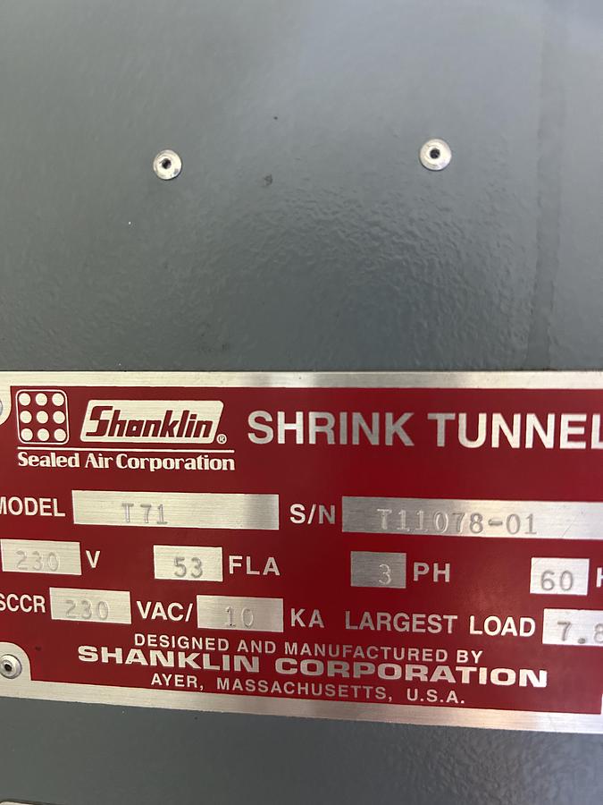 Used SHANKLIN MODEL T-71 SHRINK TUNNEL WITH LARGE SINGLE CHAMBER TUNNEL