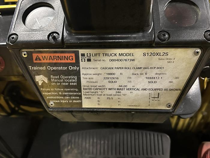 Used 12,000 POUND CAPACITY HYSTER MODEL S120XL2S FORKLIFT WITH PAPER ROLL CLAMP - MIA JF