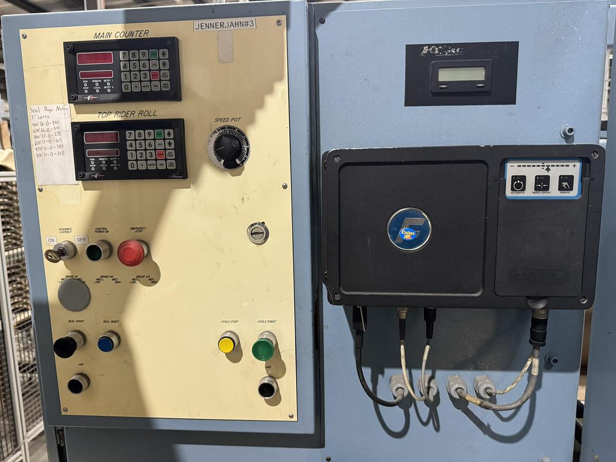 Used 72" WIDE JENNERJAHN MODEL SRA-72 COUNTER ROLL SLITTER REWINDER