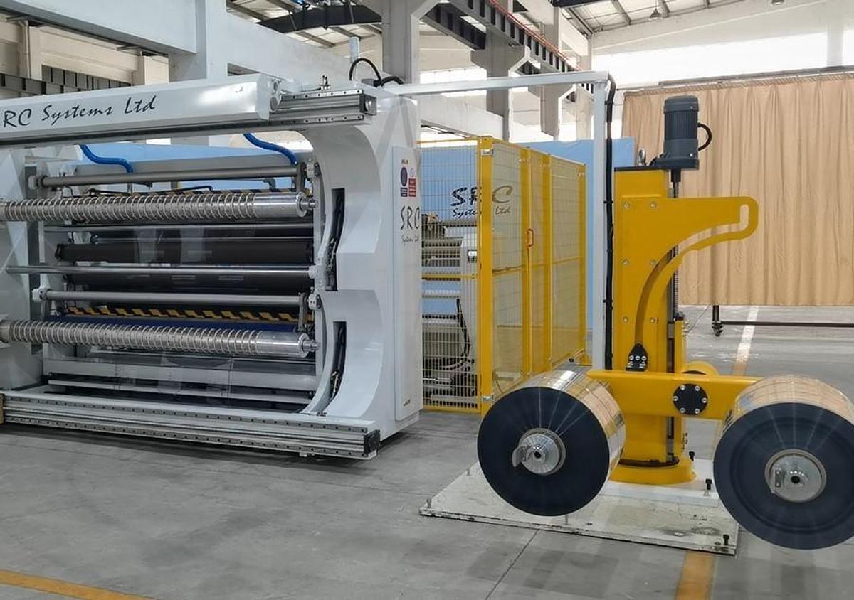 Used 82" WIDE NEW SRC SYSTEMS LTD. MODEL 810-LS DUPLEX SLITTER - 32" REWIND DIAMETER