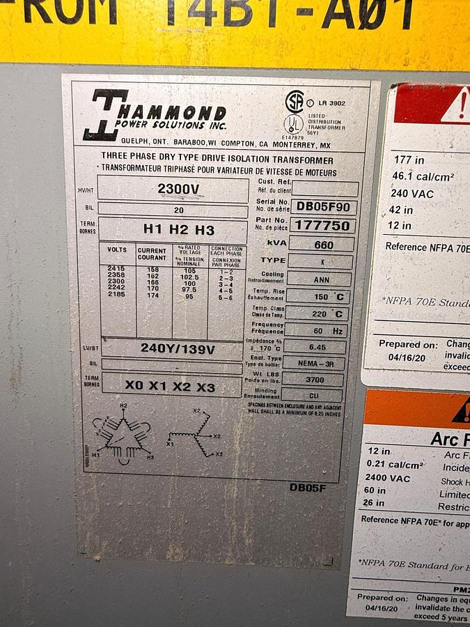 Used HAMMOND POWER SOLUTIONS HPS PART NO. 177750 DRY TYPE TRANSFORMER HV2300 LV240Y/139V