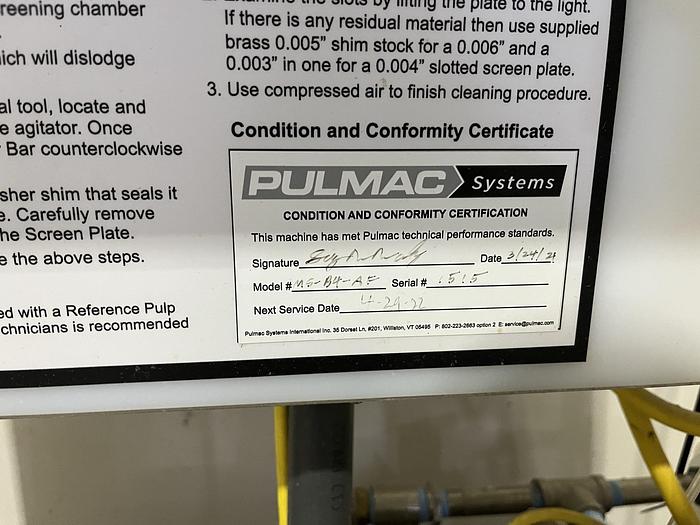 Used PULMAC MASTERSCREEN LOW CONSISTENCY SCREENING DEVICE MODEL MS-134 MANUFACTURED 2021