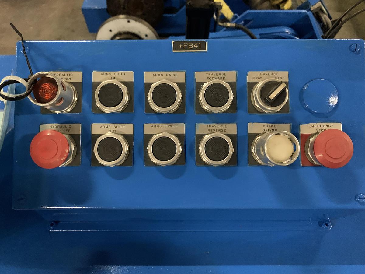 Used 87" JAGENBERG SHAFTLESS FLOOR PICK UP UNWIND STAND MDL SE-15  60" OD  ROLL CAPACITY