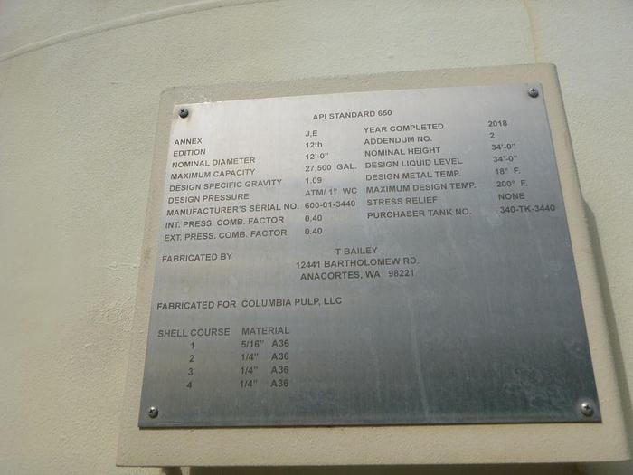 Used 27,500 GALLON T BAILEY A36 STEEL TANK 34' TALL 12' DIAMETER MANUFACTURED 2018