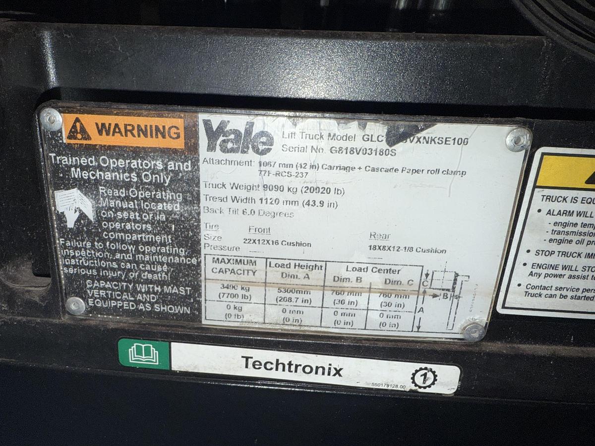 Used 12,000 LB. YALE MDL GLC120SVX LH100"/RH206" 60" CASCADE PAPER ROLL CLAMP MANUFACTURED 2018 PENDING JA