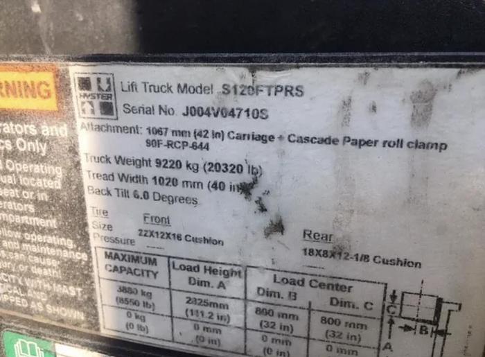 Used 12,000 POUND HYSTER MODEL S120FTPRS LOW MAST TWO STAGE MANUFACTURED 2018