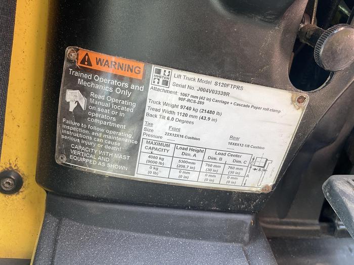 Used 12,000 POUND CAPACITY HYSTER MODEL S120FTPRS ENCLOSED CAB ROLL CLAMP FORKLIFT MFG. 2017
