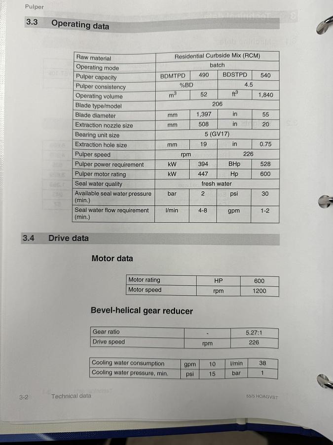 Used VOITH PULPER REBUILT 2001 WITH SPARE PULPER DRIVE