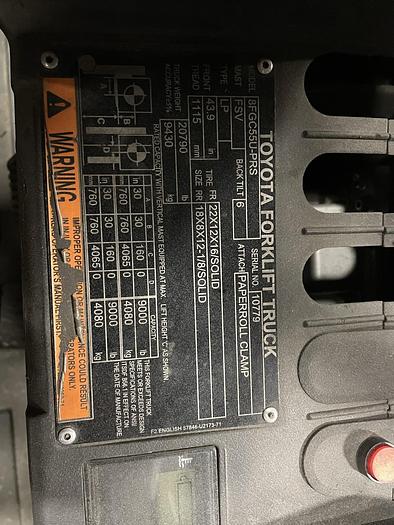 Used TOYOTA 8FGC55U-PRS 12000LB CAPACITY TRUCK W/CASCADE 60" DIA. ROLL CLAMP