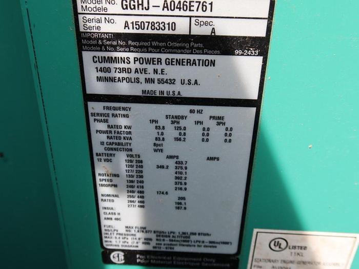 Used 125KW CUMMINS GGHJ-A046E761 NATURAL GAS BACK UP GENERATOR 135 HOURS