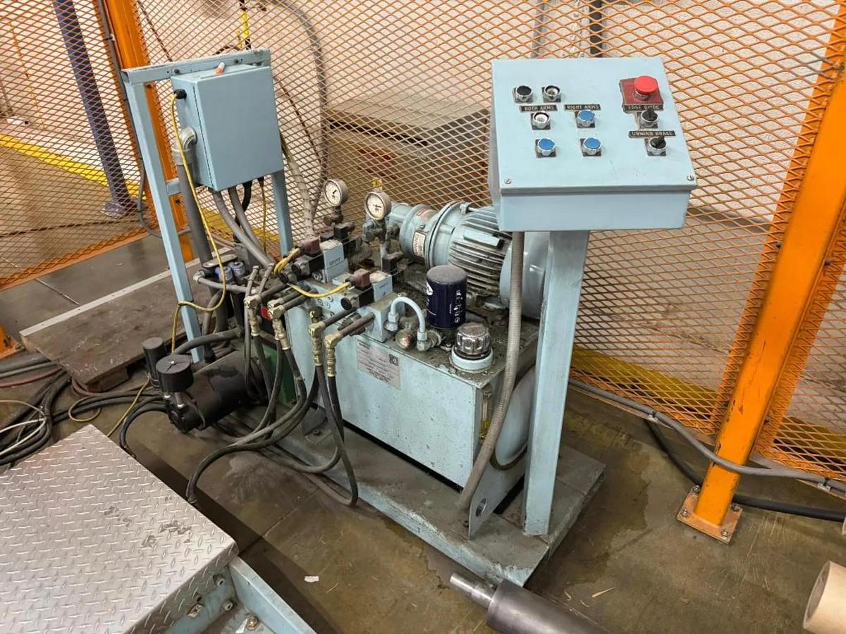 Used 84" WIDE SHANKS TWO DRUM SLITTER REWINDER WITH SHAFTLESS FLOOR PICK UP UNWIND STAND