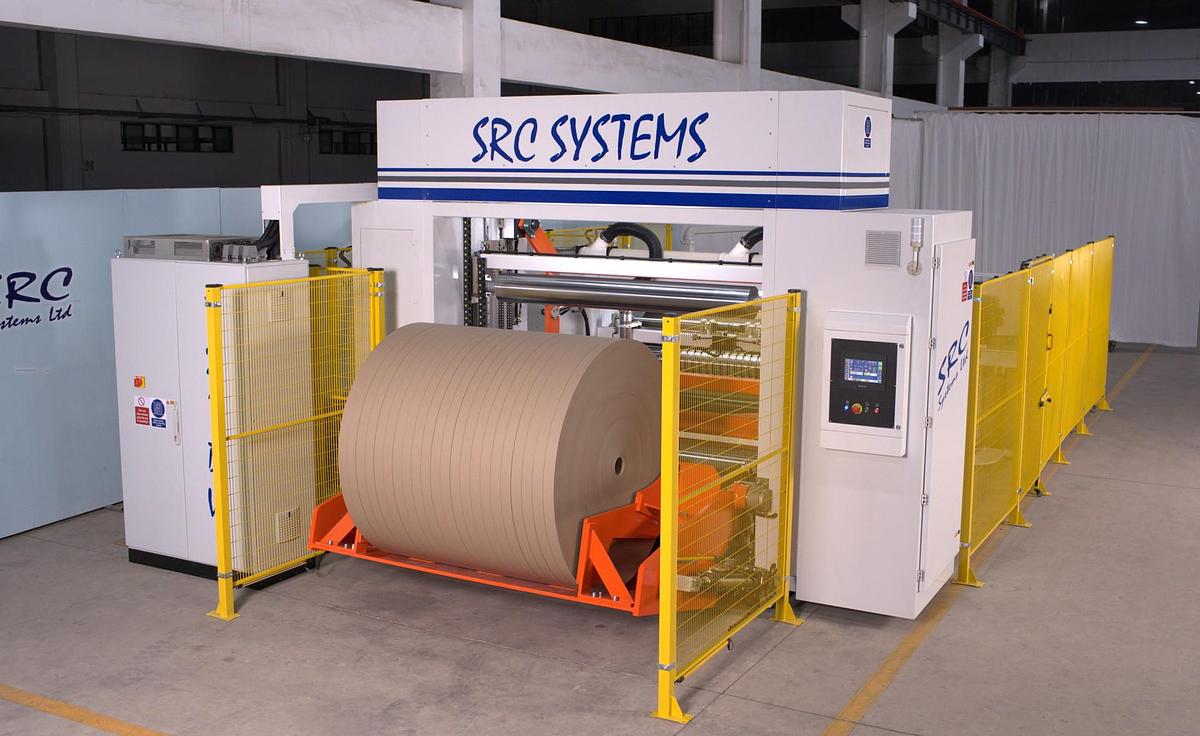 Used 72" - 120" WIDE SRC SYSTEMS LTD. MODEL TDW-HD TWO DRUM SLITTER REWINDER