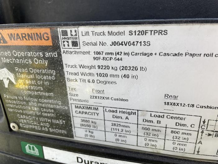 Used 12,000 POUND HYSTER S120FT-PRS FORKLIFT TWO STAGE MAST