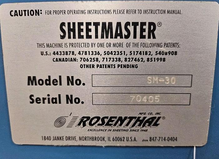 Used 30" ROSENTHAL MODEL SM-30 SHEETMASTER SHEETER 
