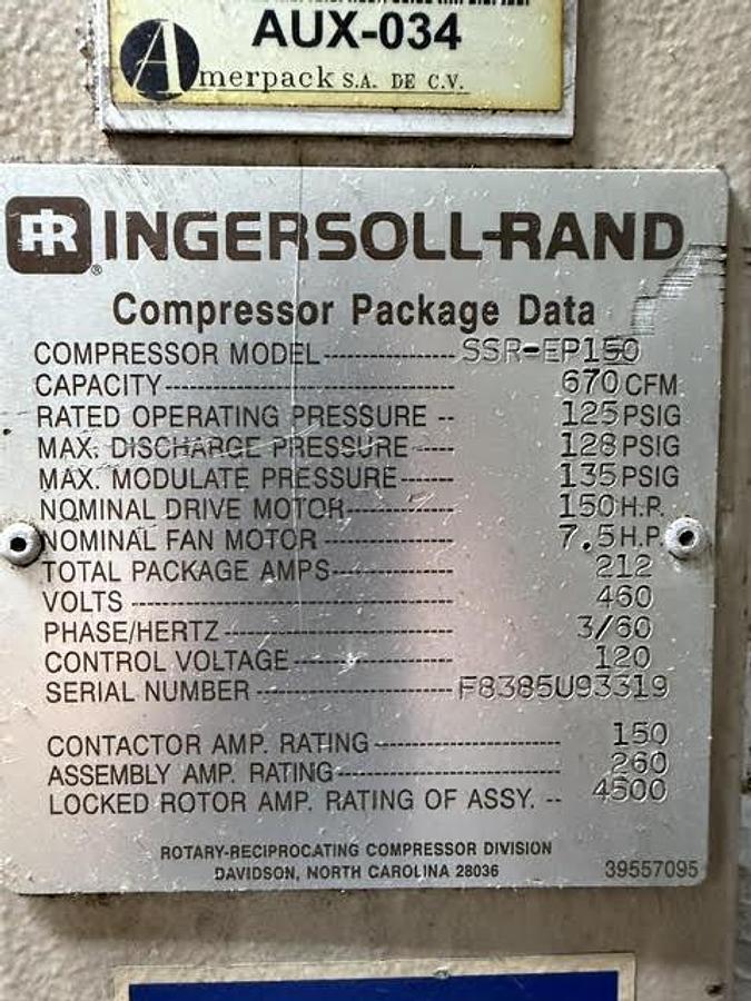 Used INGERSOLL - RAND MODEL SSR-EP150 150 HP AIR COMPRESSOR