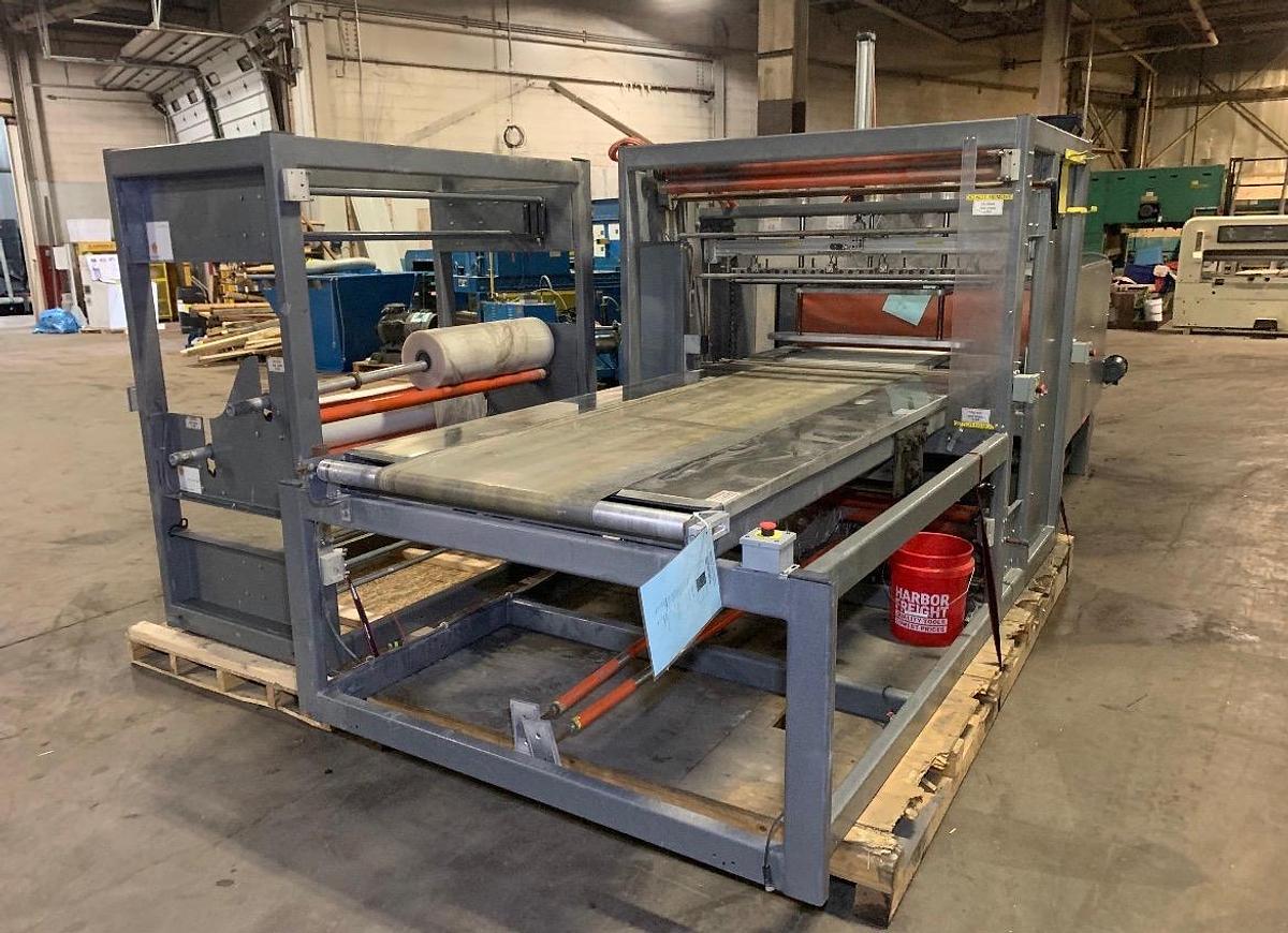 Used 50" W HEAVY DUTY IN-LINE AUTOMATIC SHRINK BUNDLER SYSTEM W/ WELDOTRON #1250 BUNDLER AND #5016 TUNNEL