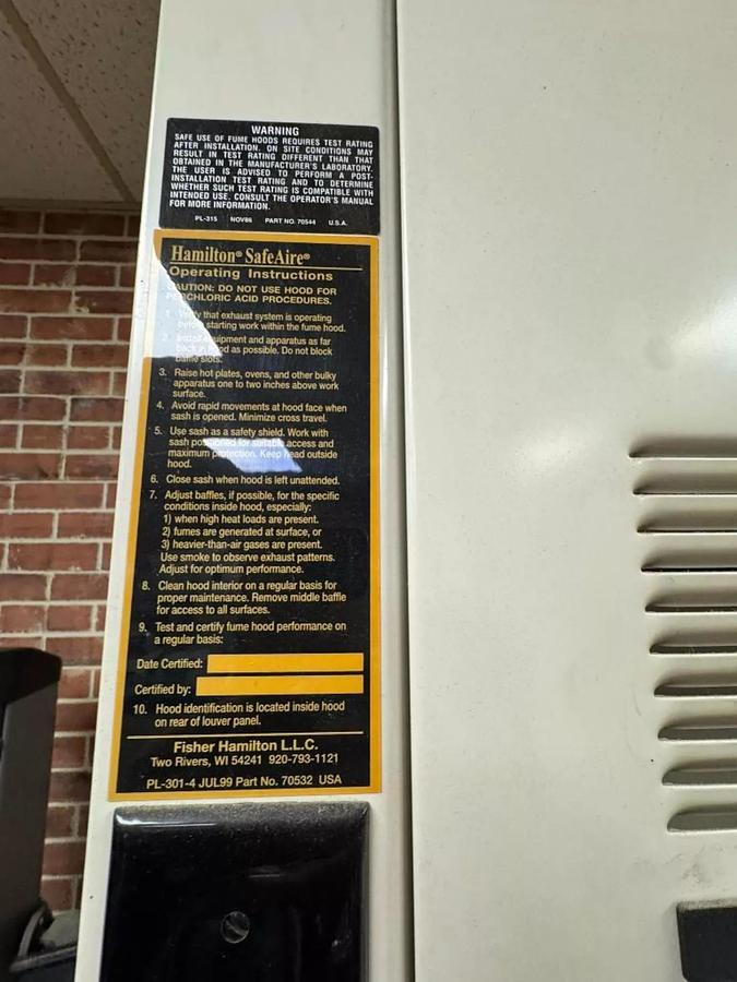 Used HAMILTON SAFE AIRE LABORATORY FUME HOOD