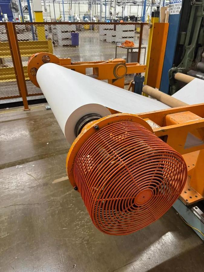 Used 84" WIDE SHANKS TWO DRUM SLITTER REWINDER WITH SHAFTLESS FLOOR PICK UP UNWIND STAND