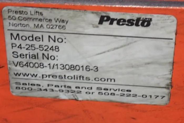 Used PRESTO LIFTS HEIGHT LOAD LEVELER MODEL P4-25-5248 P4 SERIES 2,500 POUND CAPACITY 52" X 48" PLATFORM 