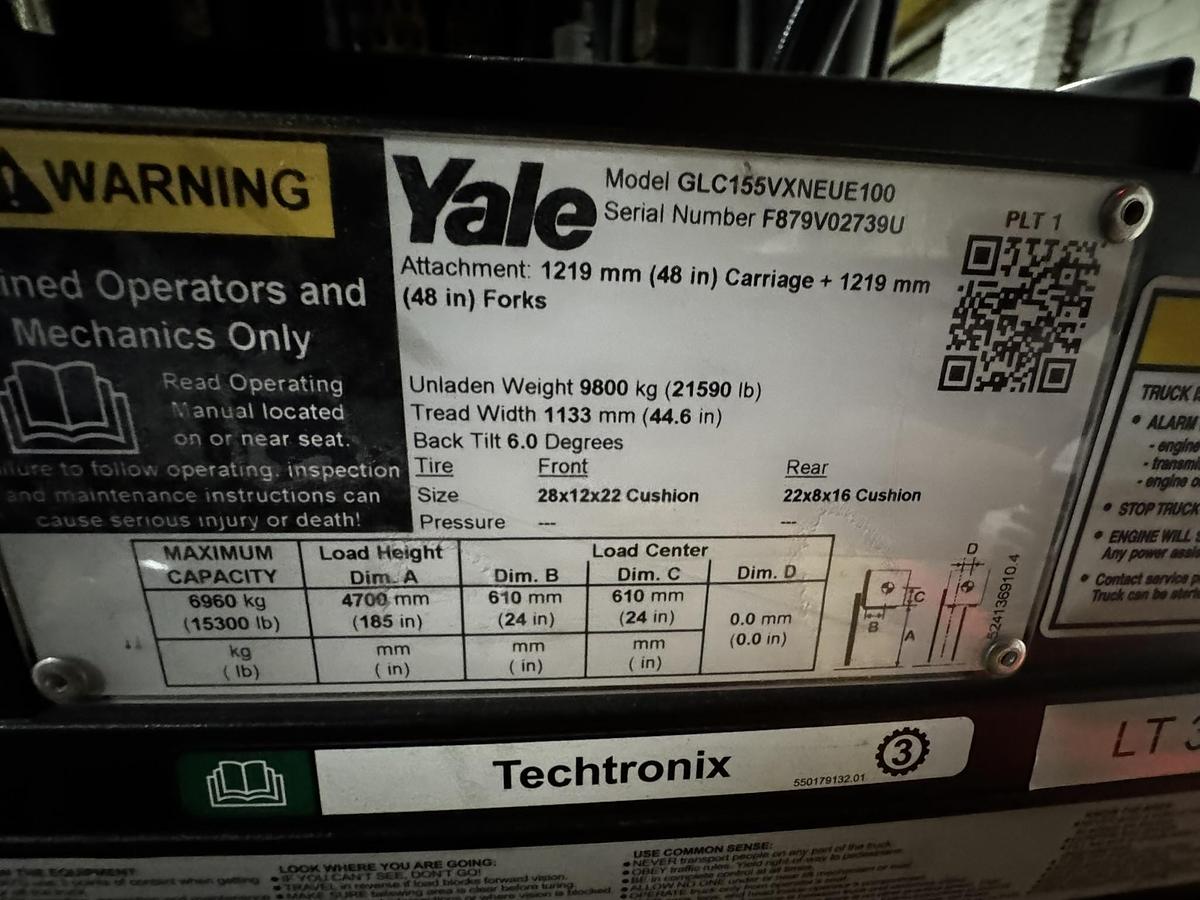 Used 15,500 POUND YALE MODEL GLC155VX FORKLIFT WITH 72" CASCADE PAPER ROLL CLAMP LOW HOURS