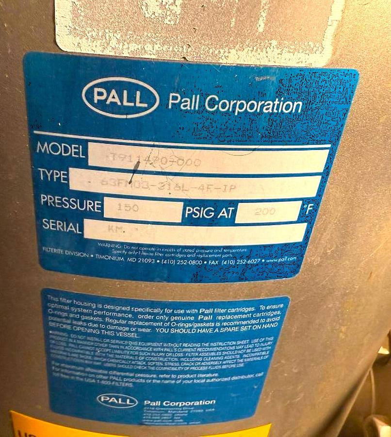 Used PALL MODEL T911490-000 STAINLESS STEEL PRESSURE TANK