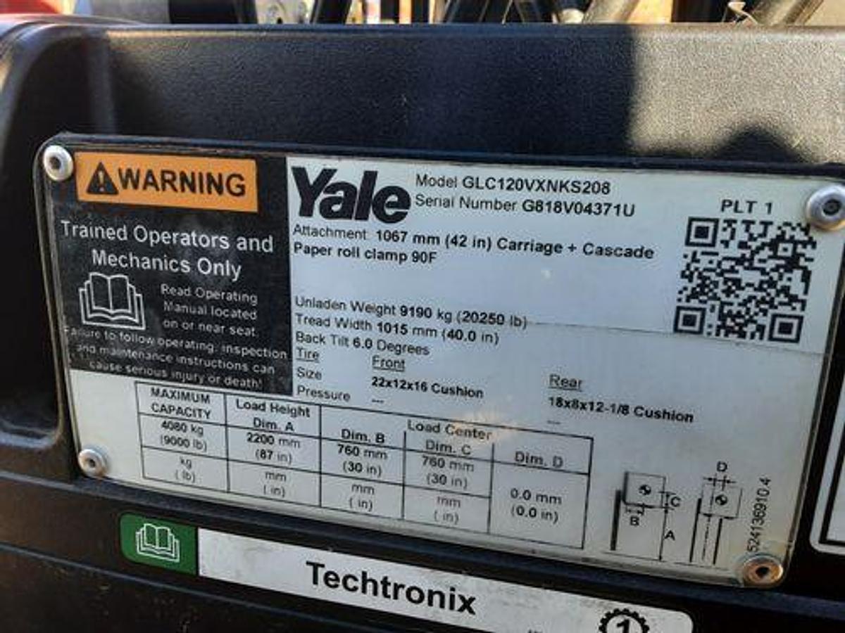 Used 12000 LB YALE MODEL GLC120 4-WAY HYDRAULICS ROLL CLAMP READY