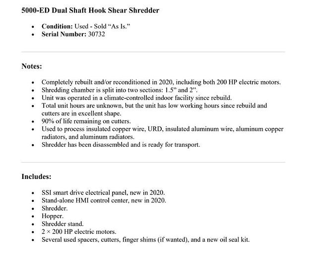 Used 400 HP SSI DUAL SHAFT SHREDDER MODEL 5000-ED REFURBISHED BY SSI IN 2020 