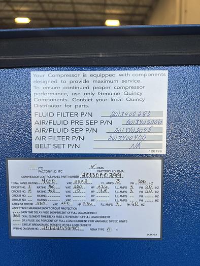 Used QUINCY MODEL QSI-1000 200 HP AIR COMPRESSOR MANUFACTURED 2017