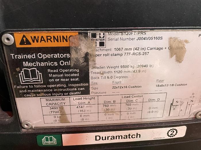 Used 12,000 POUND HYSTER S120FTPRS FORKLIFT WITH PAPER ROLL CLAMP MFG. 2018