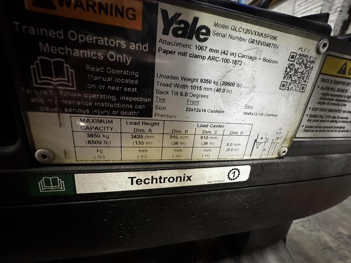 Used 12,000 POUND YALE GC120VXPRS FORKLIFT WITH 72" SPLIT FRAME BOLZONI CLAMP
