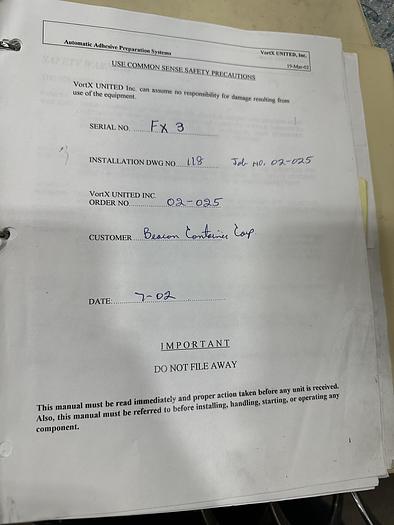Used VORTEX UNITED STARCH MIXING SYSTEM TORNADO F5, MODEL 0202501 FX3, WITH BATCH HOPPER, BORAX HOPPER, DIGITAL SCALES, CAUSTIC HOPPER