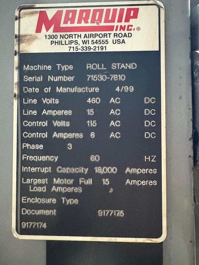 Used MARQUIP 72" X 72" DUAL SHAFTLESS FLOOR PICKUP UNWIND STAND 1999