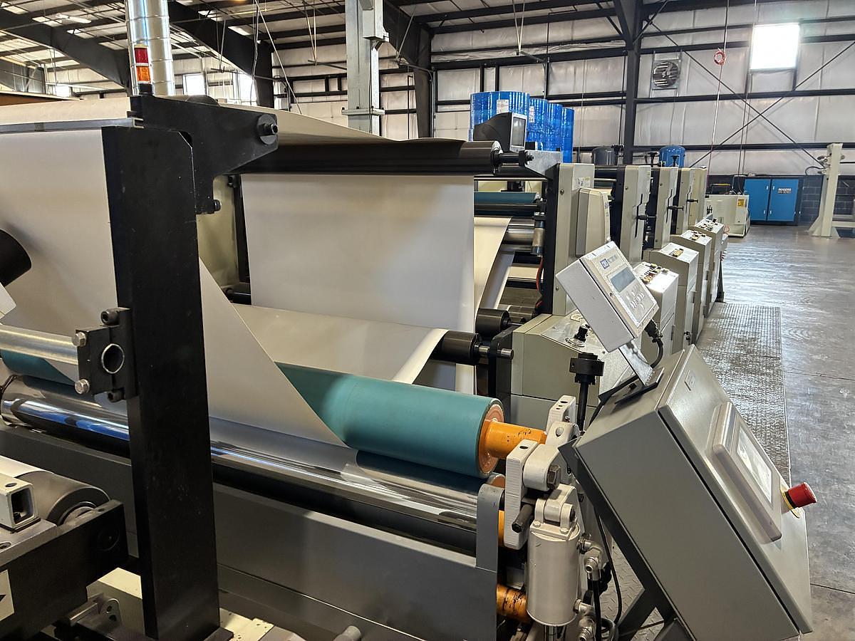 Used 43" WIDE EKOFA MODEL 4300 FLEXO PRINTER 4 COLOR - WITH 60" WIDE CMS MOISTURIZING SYSTEM