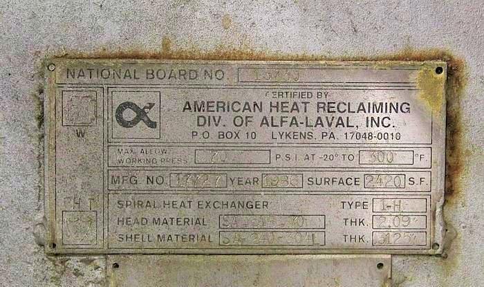 Used ALFA LAVAL 1-H SPIRAL HEAT EXCHANGER