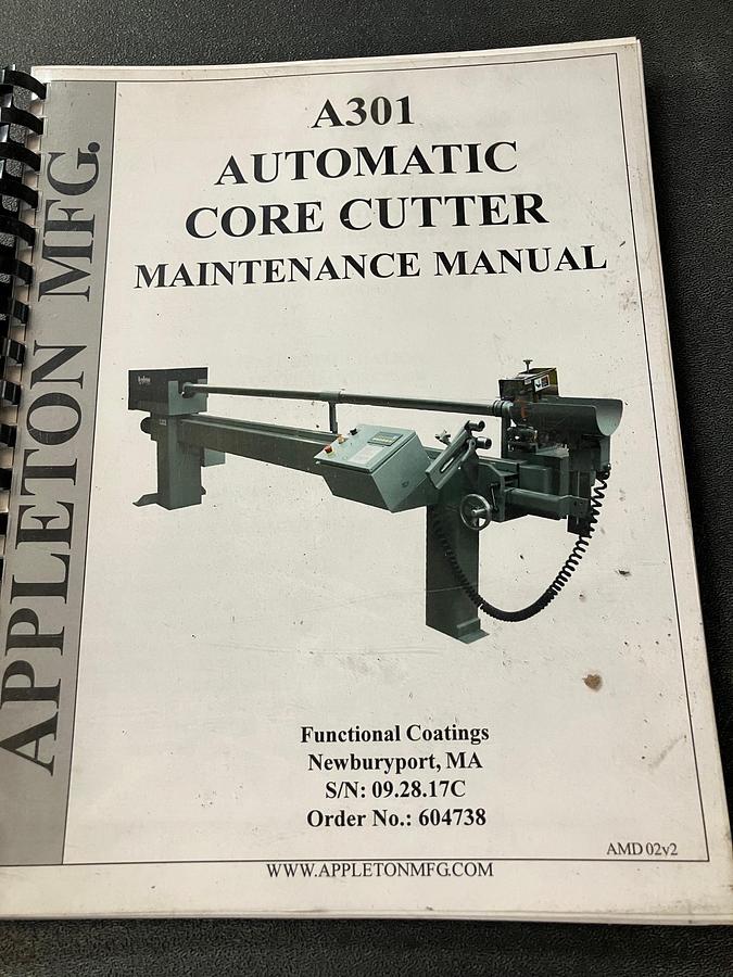 Used APPLETON MODEL A301 AUTOMATIC CORE CUTTER 120" LONG X 3" DIA. CORES 