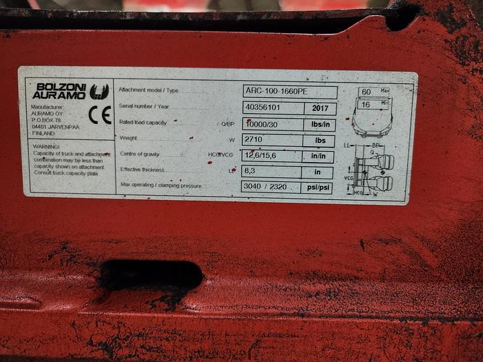 Used 2017 BOLZONI AURAMO ARC-100-1660PE 60 INCH PAPER ROLL CLAMP