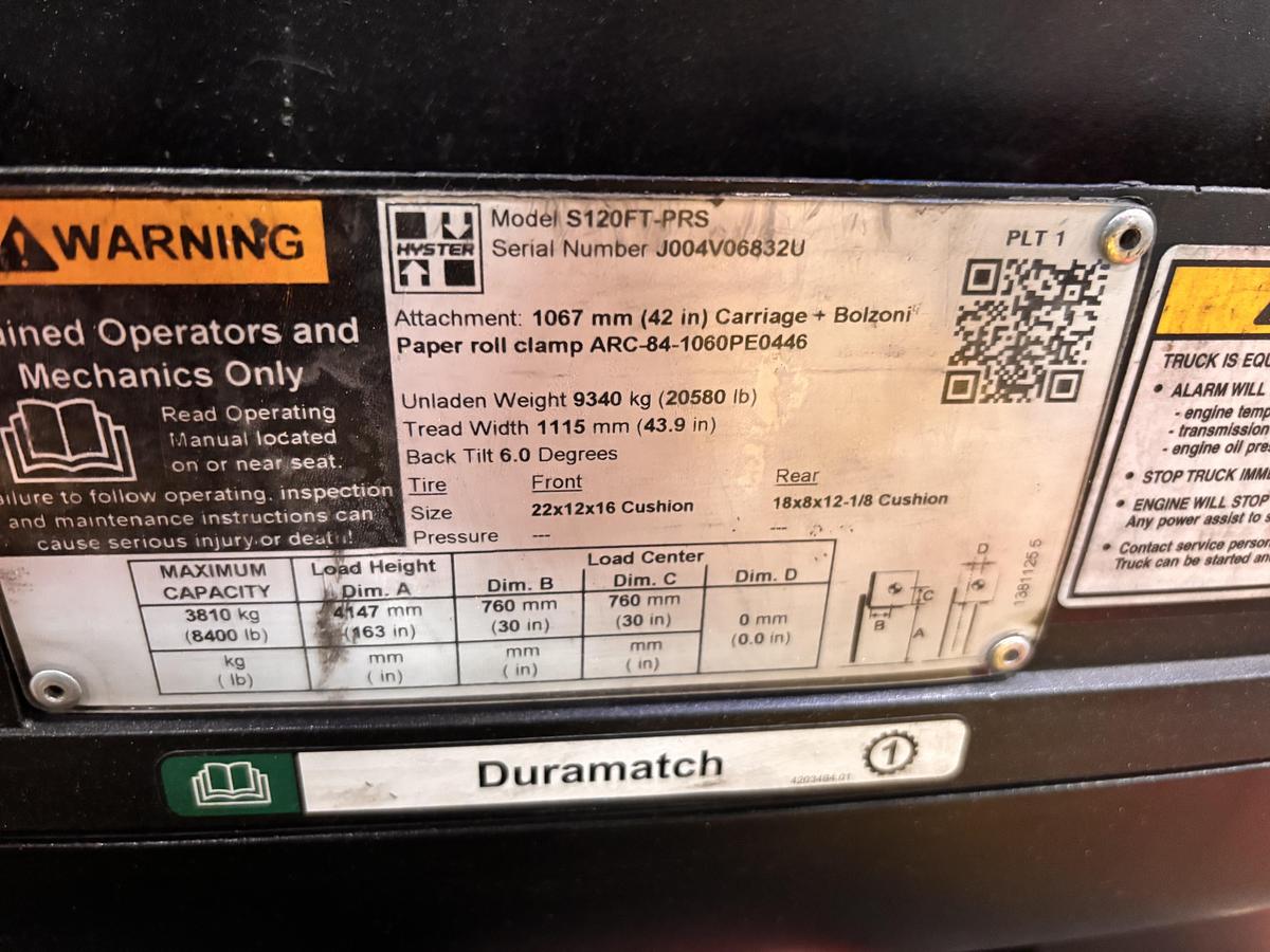 Used 12,000 POUND HYSTER S120FTPRS FORKLIFT WITH PAPER ROLL CLAMP MFG. 2020 LOW MAST