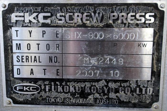 Used FKC MODEL SHX - 800 X 6000L SCREW PRESS 316 SS