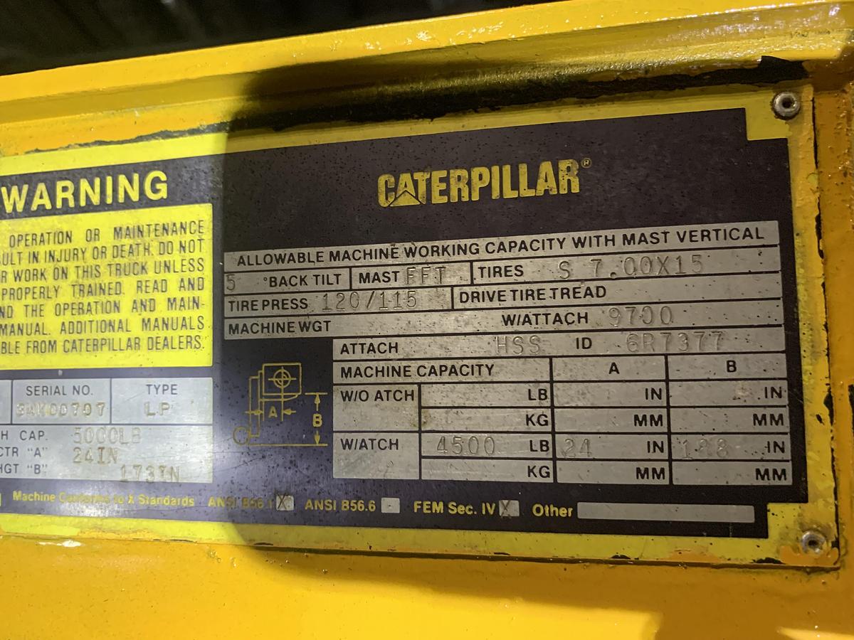 Used 5,000 LB. CATERPILLAR MDL V50E 3-STAGE MAST LH92"/RH173" 4-WAY HYDRAULIC VALVE CLASS IV