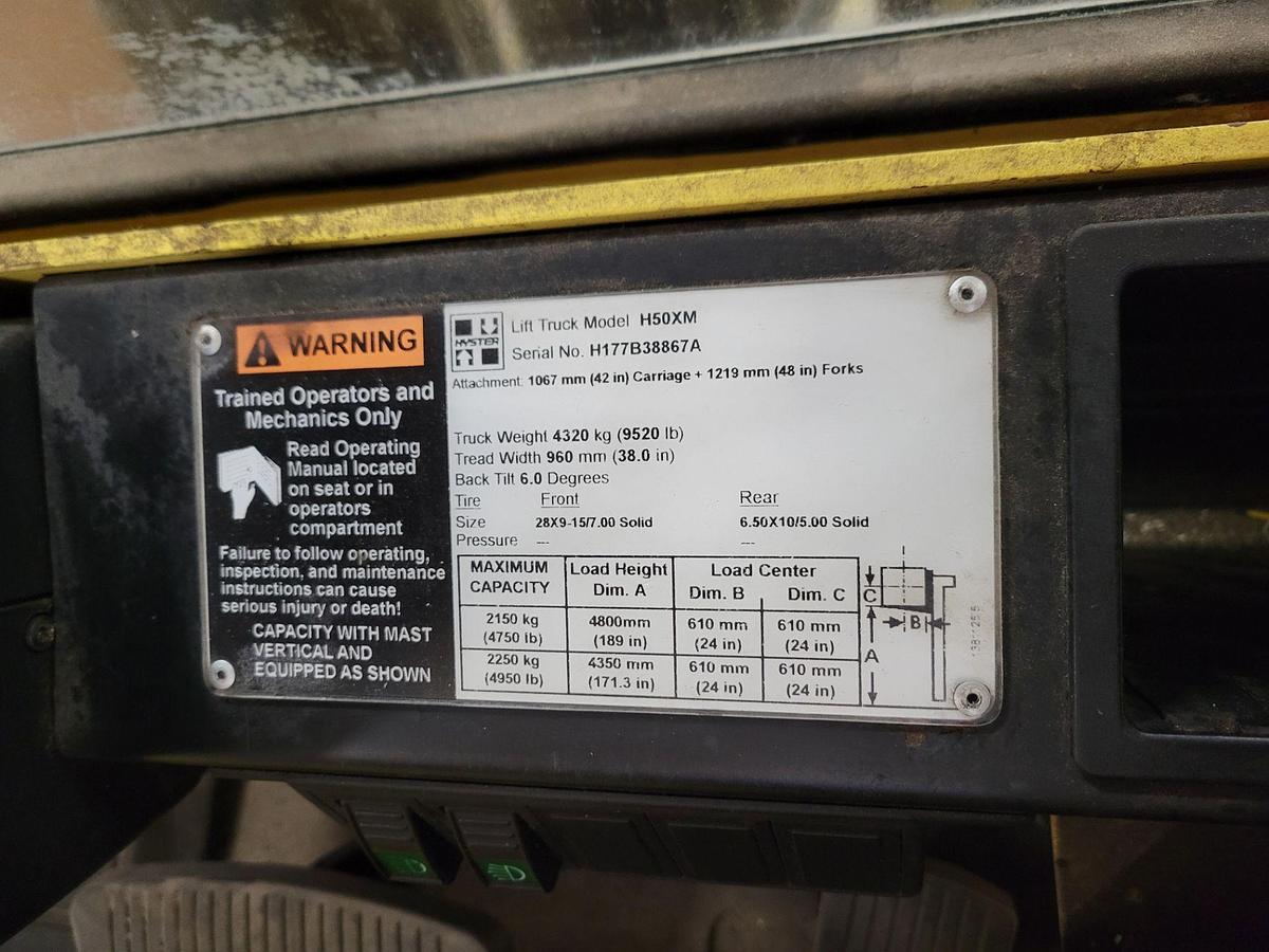 Used 5,000 LB CAPACITY HYSTER MODEL H50XM WITH ENCLOSED CAB