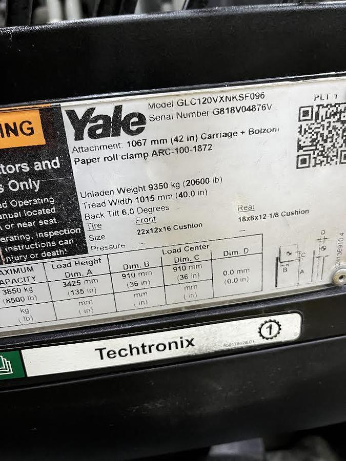 Used 12,000 POUND YALE GLC120VX FORKLIFT WITH 72" BOLZONI CLAMP