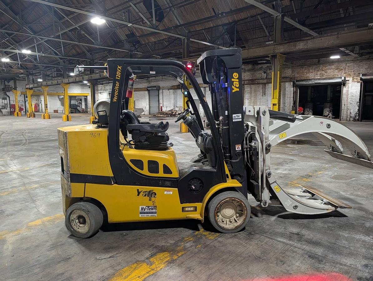 Used 12,000 POUND YALE GLC120VX (Paper Roll Special) PAPER ROLL CLAMP TRUCK WITH 84" CASCADE CLAMP