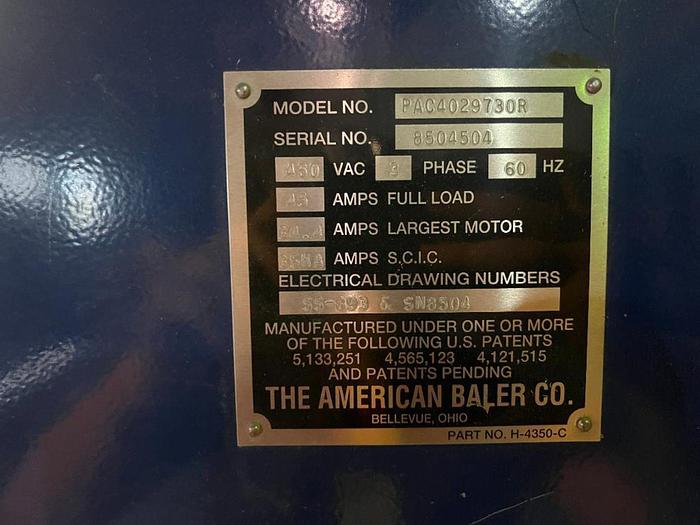 Used AMERICAN MODEL PAC HORIZONTAL AUTO TIE BALER WITH PARKER CONTROLS 30 HP - NEEDS REBUILD
