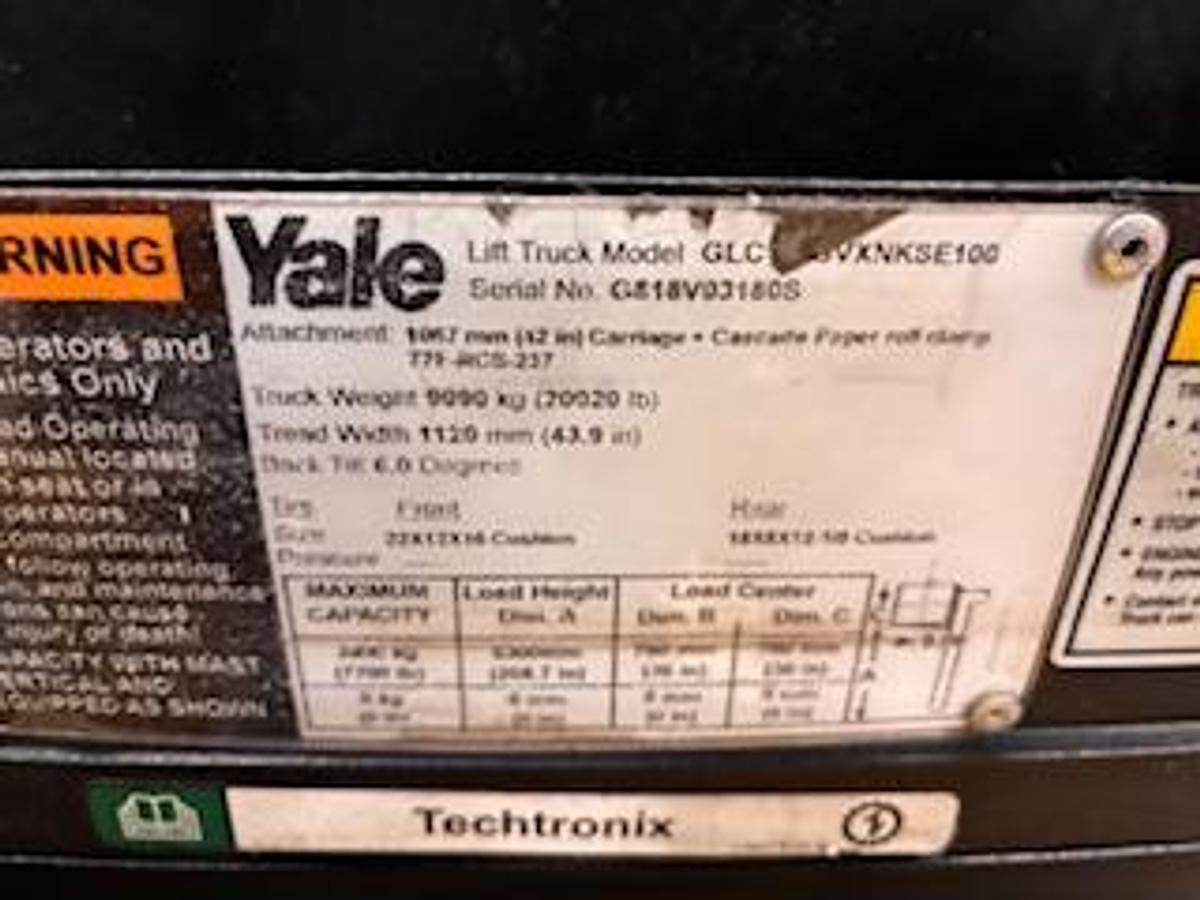 Used 12,000 POUND YALE GLC120SVX PAPER ROLL CLAMP TRUCK FORKLIFT WITH CASCADE CLAMP MANUFACTURED 2018