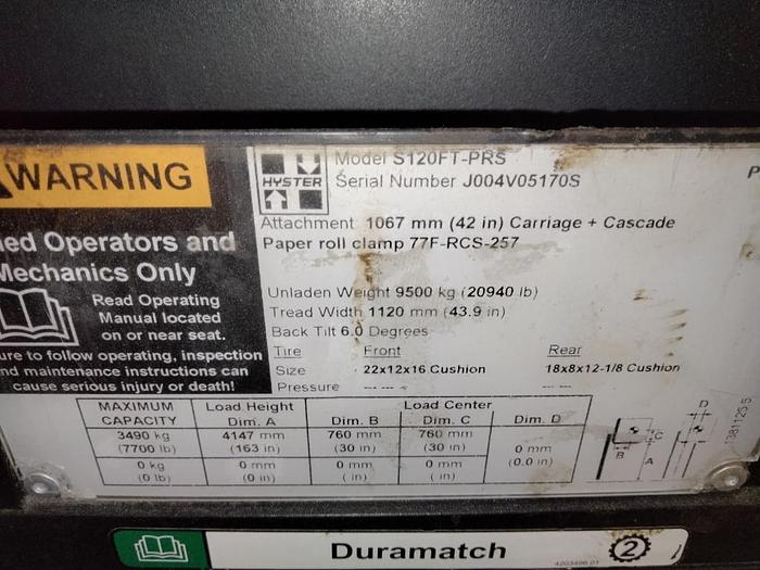 Used 12,000 POUND HYSTER S120FTPRS FORKLIFT WITH PAPER ROLL CLAMP MFG. 2018 - OH HOLD