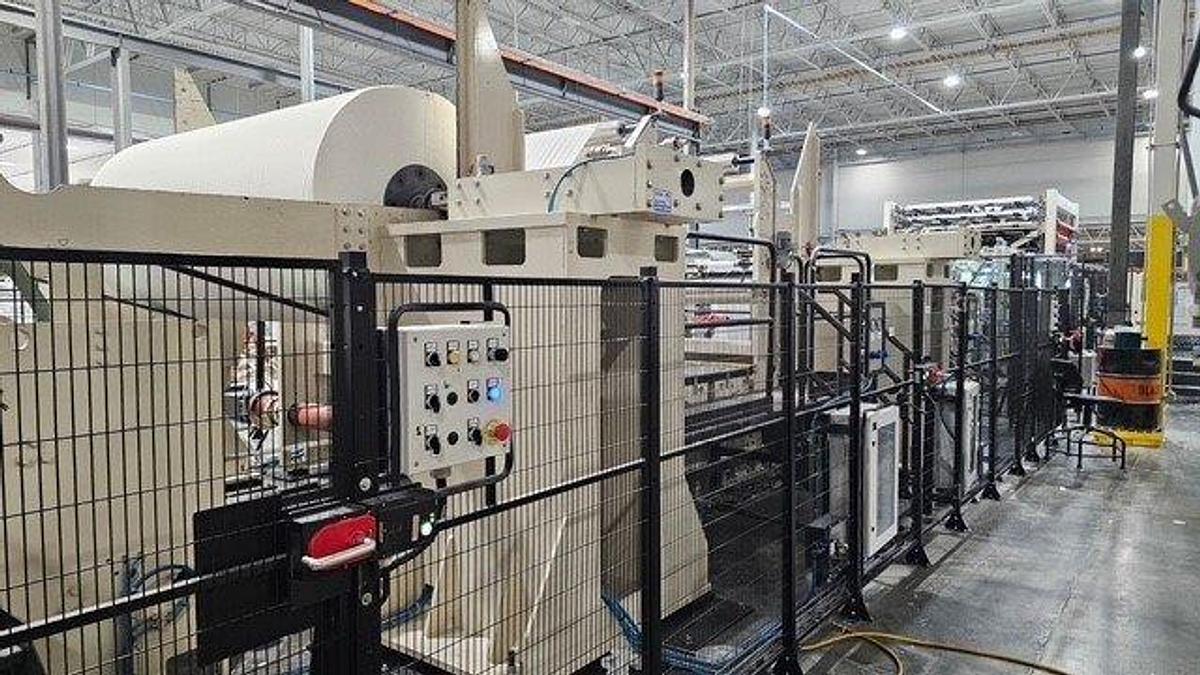 Used 108" WIDE UNIVERSAL TISSUE TECHNOLOGY BRT/KRT REWINDING LINE W/4 LANE LOG SAW