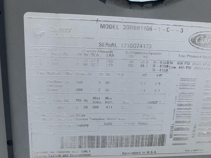 Used CARRIER CHILLER MODEL 30RBB1106-1-C-3