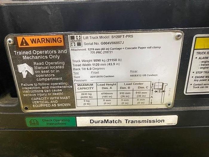 Used 12,000 POUND CAPACITY HYSTER S120FTPRS FORKLIFT WITH 72" CASCADE CLAMP